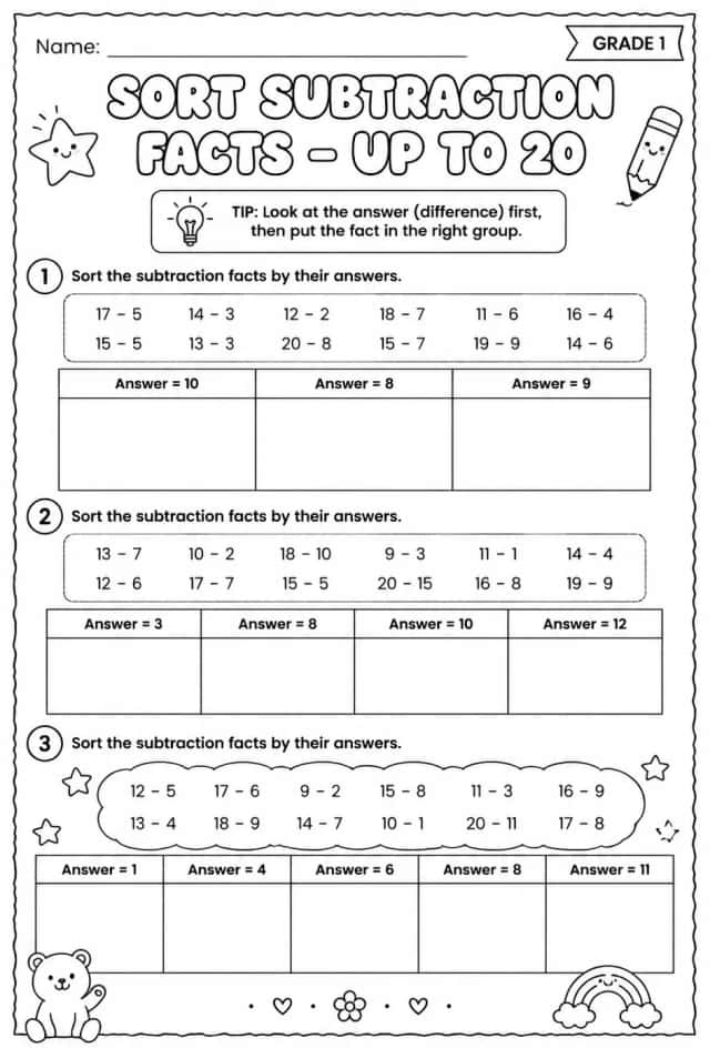 Sort subtraction facts - up to 20