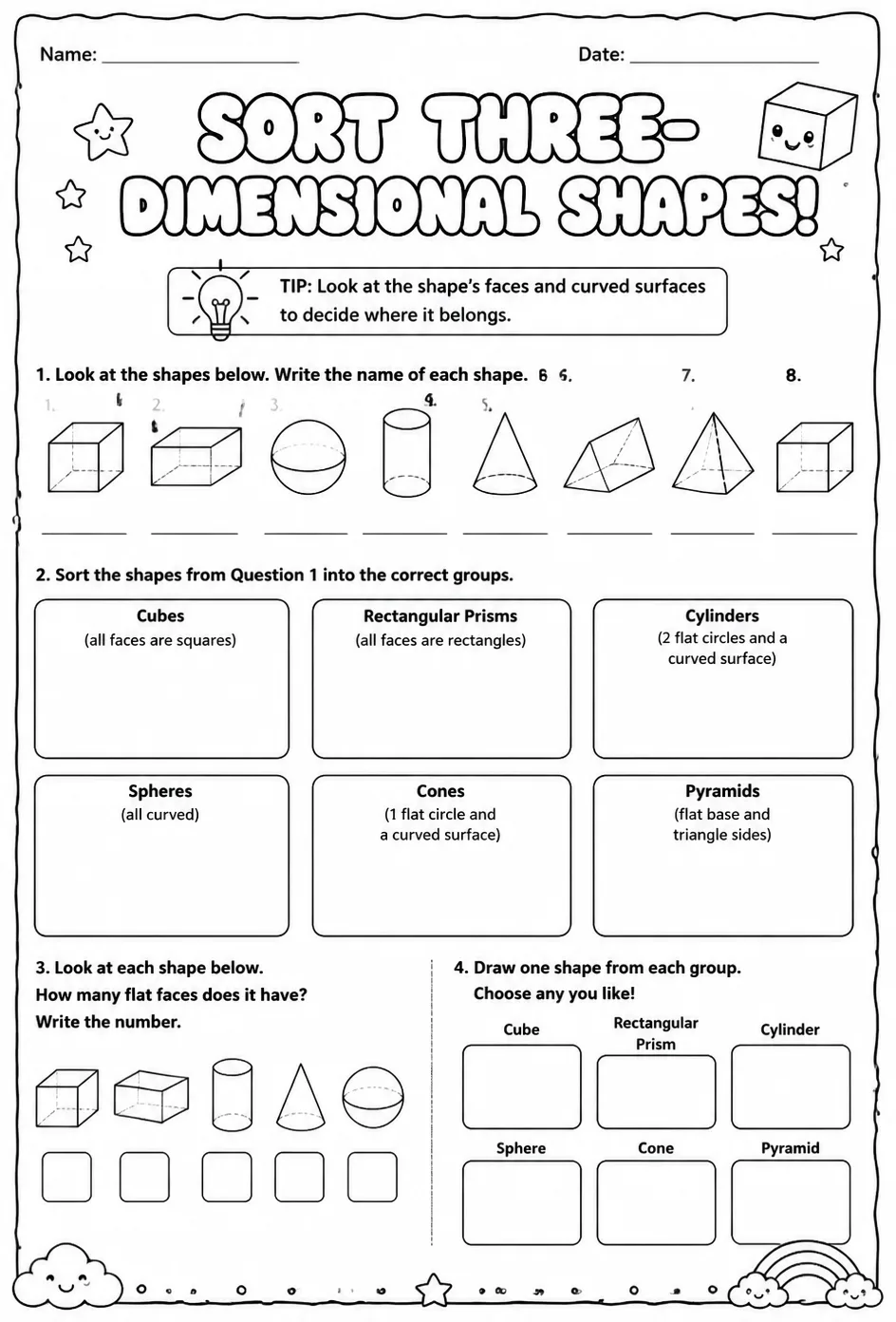 Sort three-dimensional shapes — free printable Grade 2 math worksheet