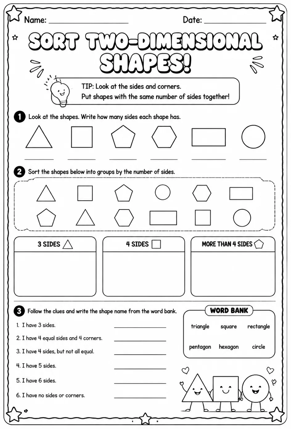 Sort two-dimensional shapes — free printable Grade 2 math worksheet