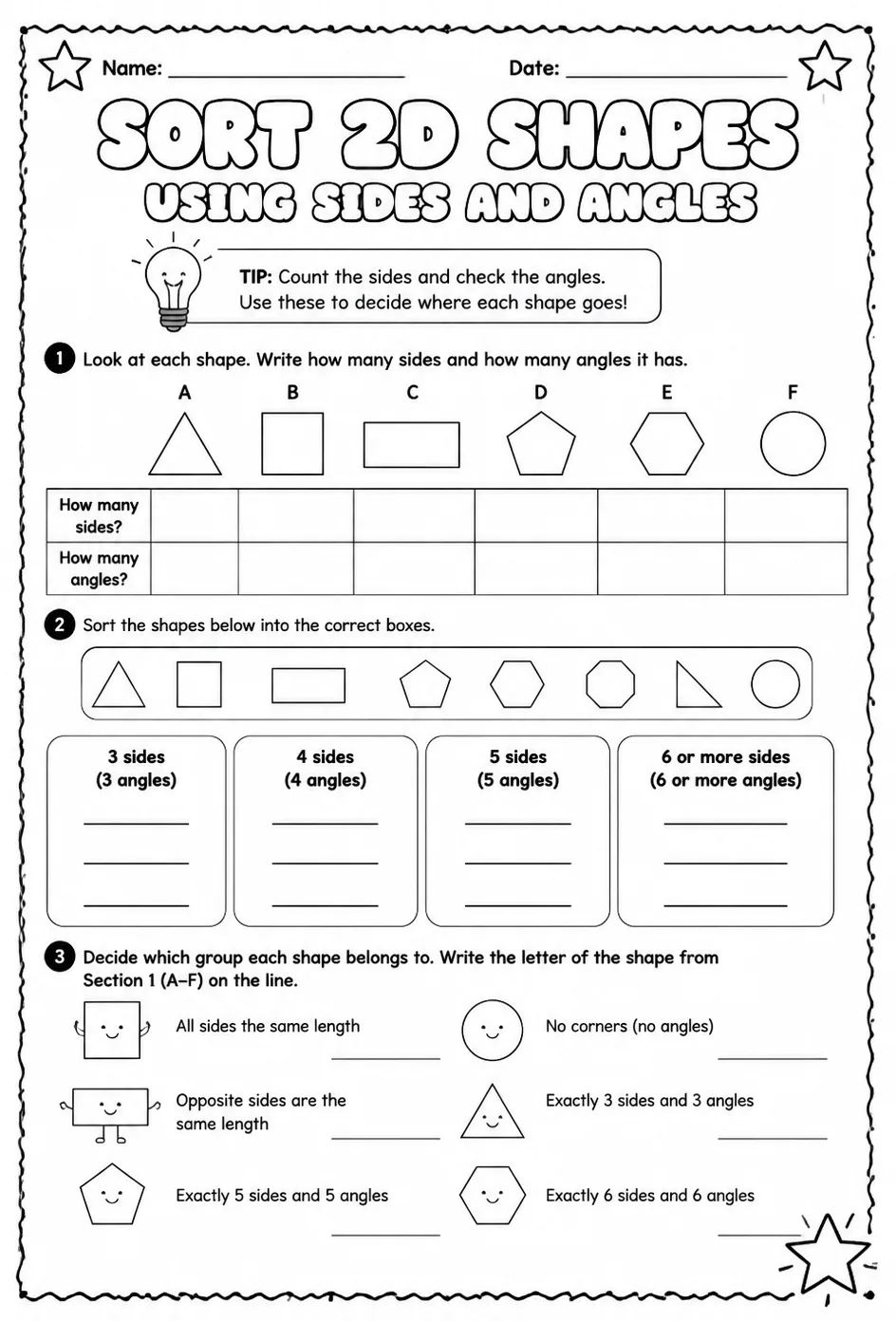 Sort two-dimensional shapes using sides and angles — free printable Grade 3 math worksheet