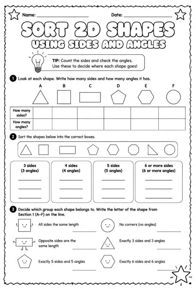Sort two-dimensional shapes using sides and angles