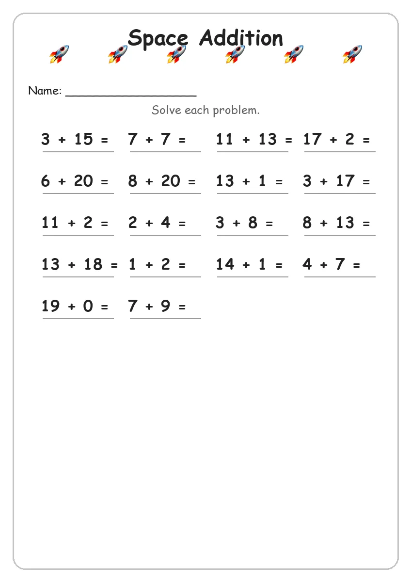 Space addition worksheet for Grade 2