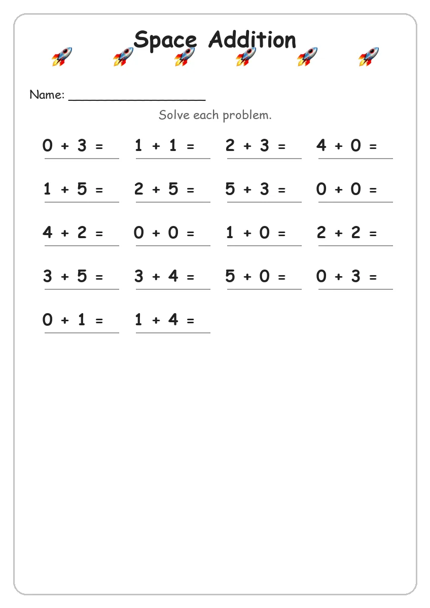 Space addition worksheet for Kindergarten
