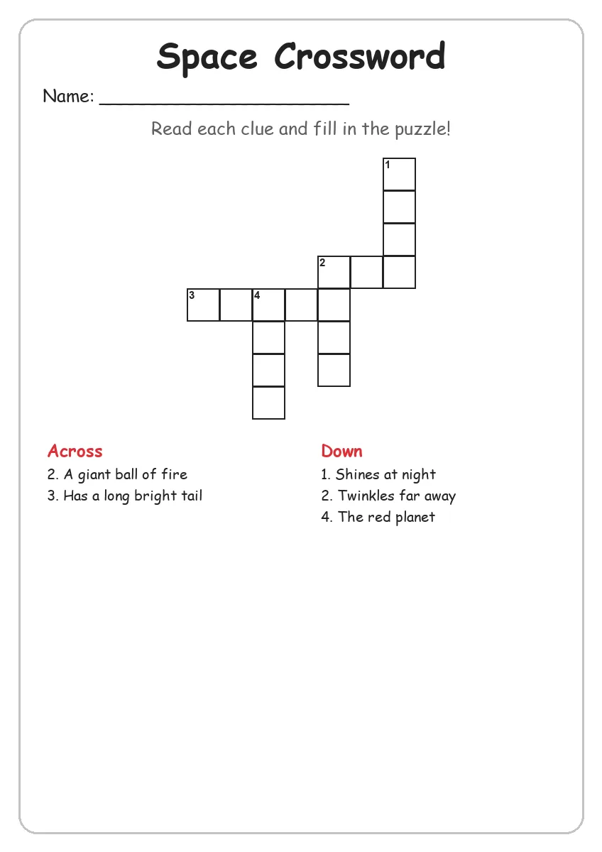 Space crossword worksheet for Grade 1
