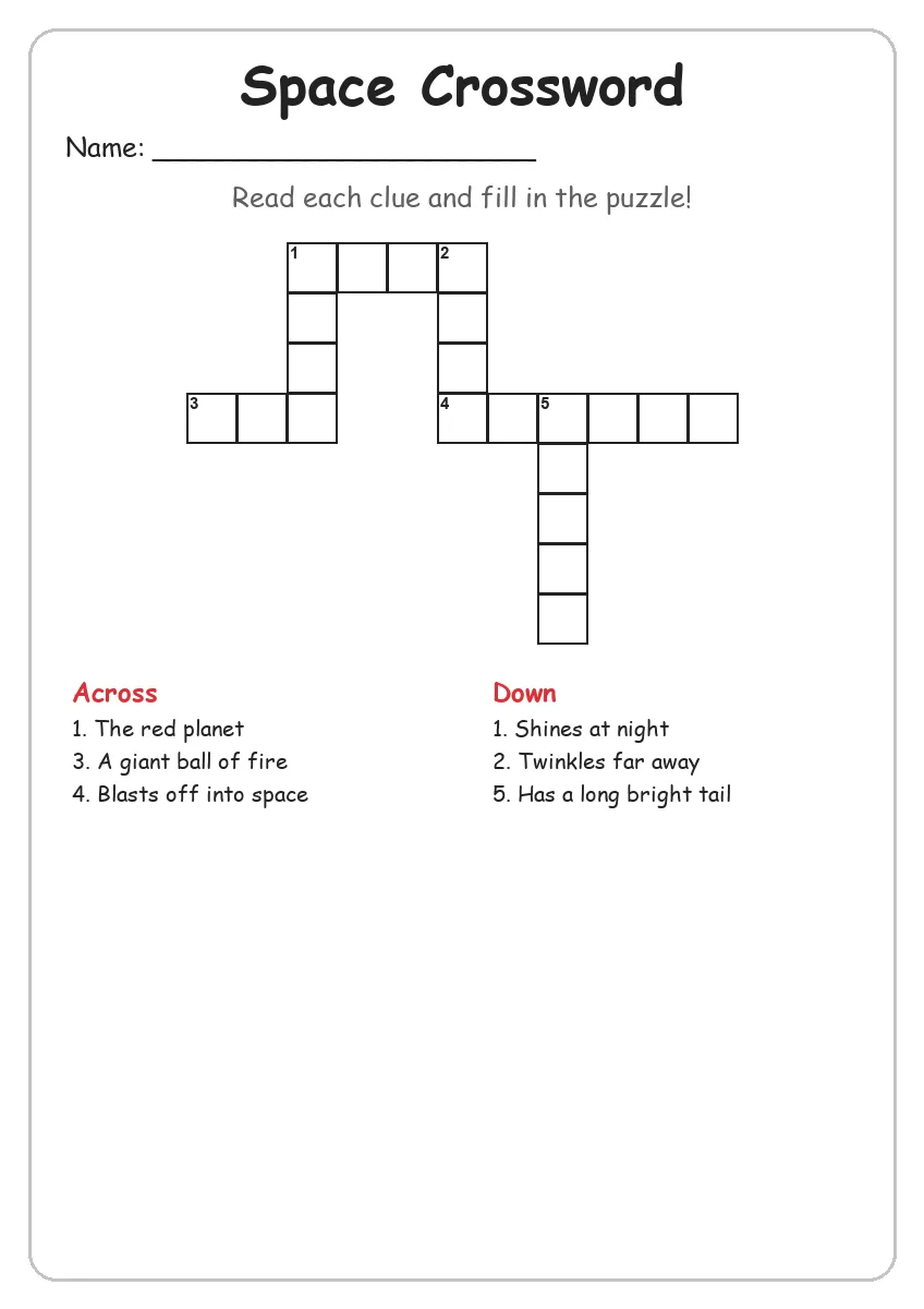 Space crossword worksheet for Grade 2