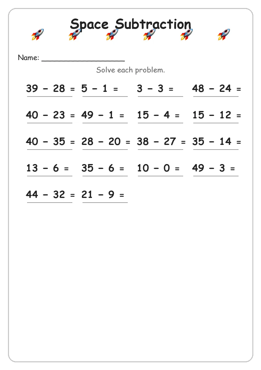 Space subtraction worksheet for Grade 2