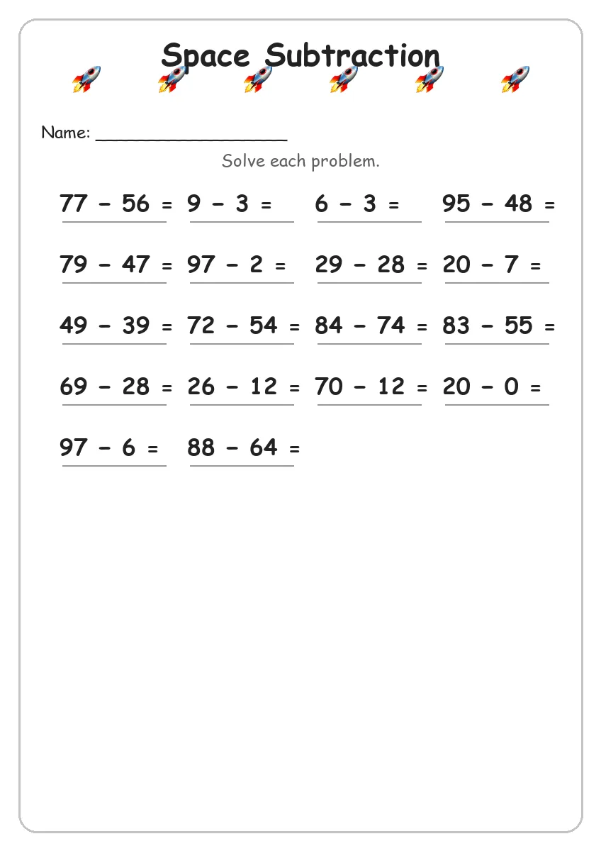 Space subtraction worksheet for Grade 3