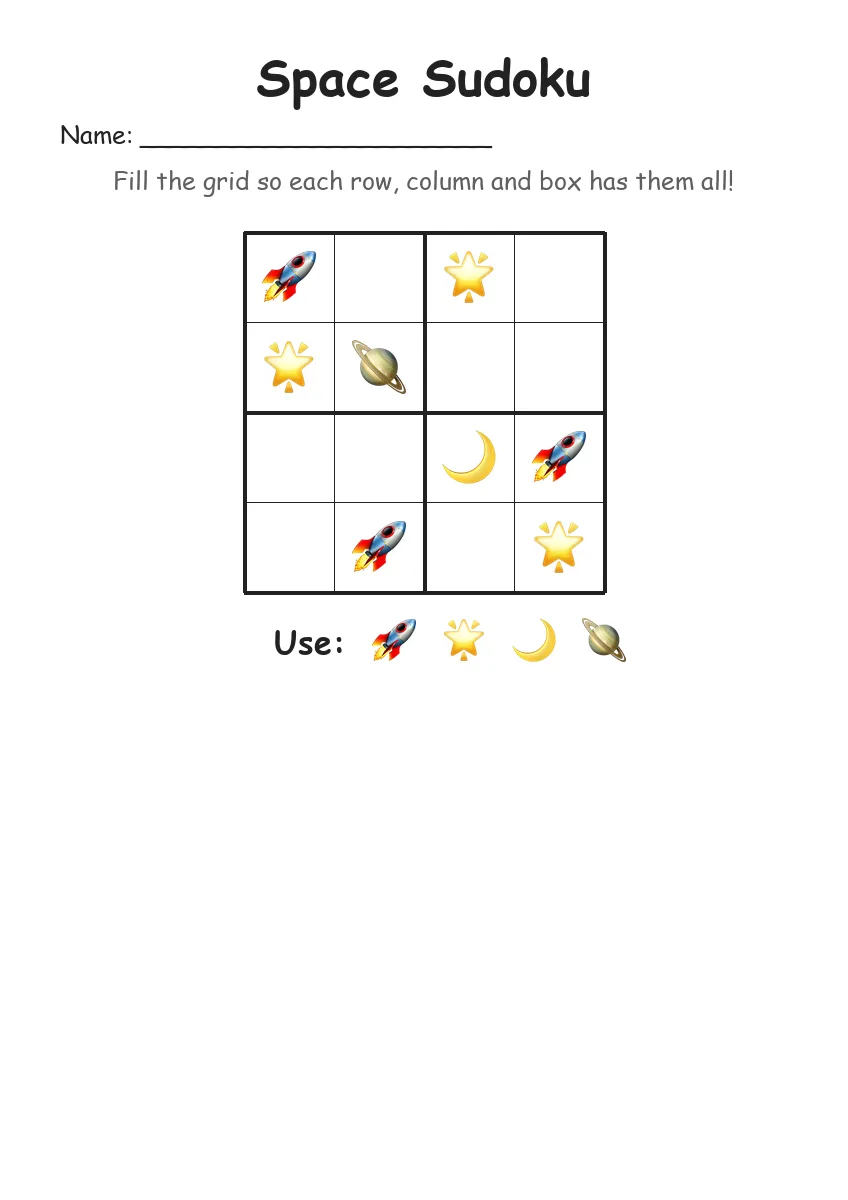Space Sudoku 4x4 (Kindergarten) worksheet for Kindergarten