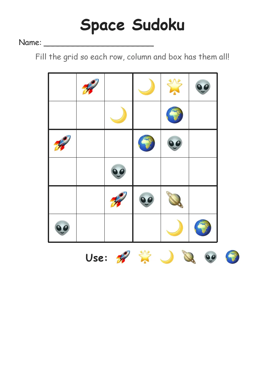 Space Sudoku 6x6 (Grade 2) worksheet for Grade 2