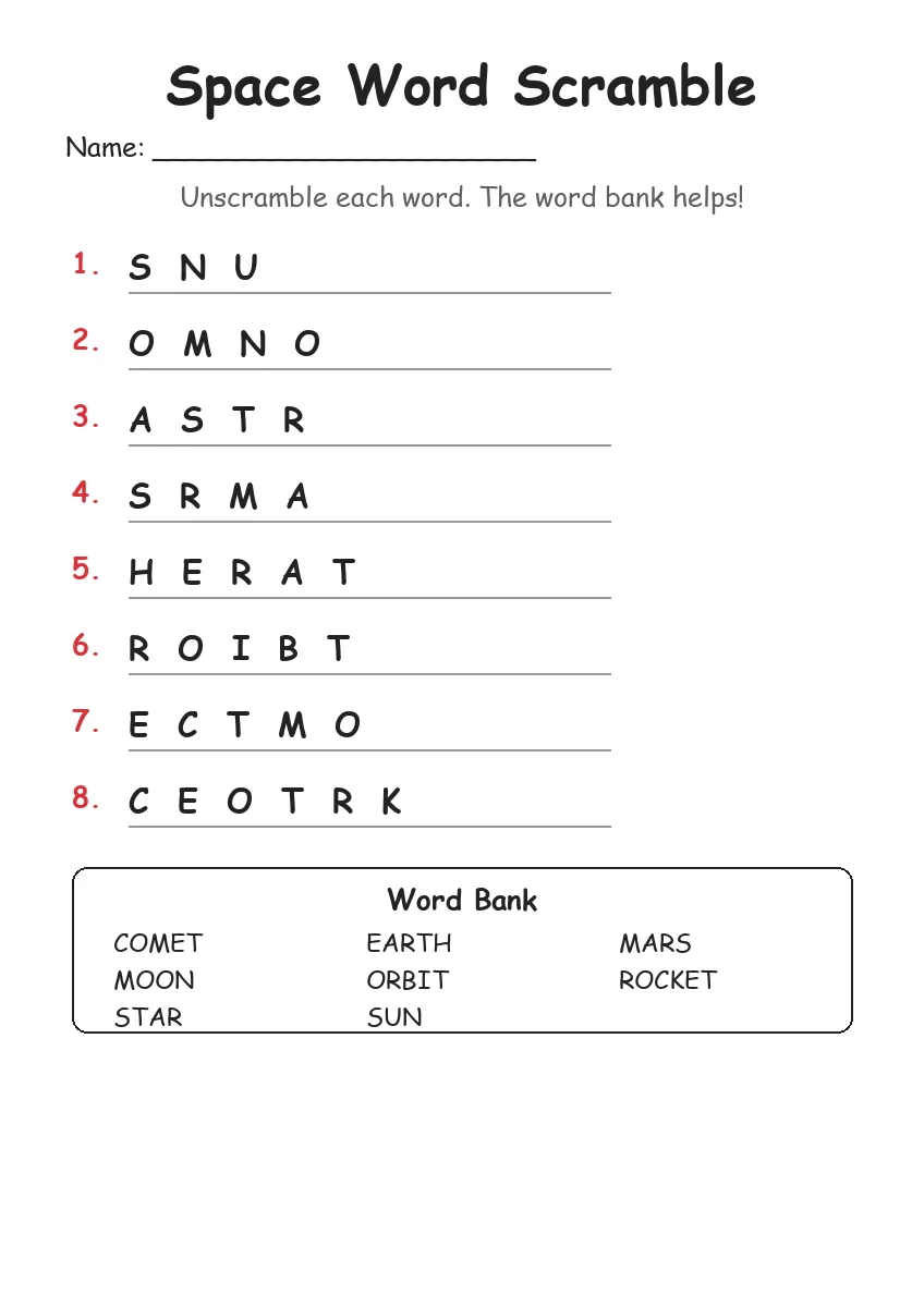 Space word scramble worksheet for Grade 1