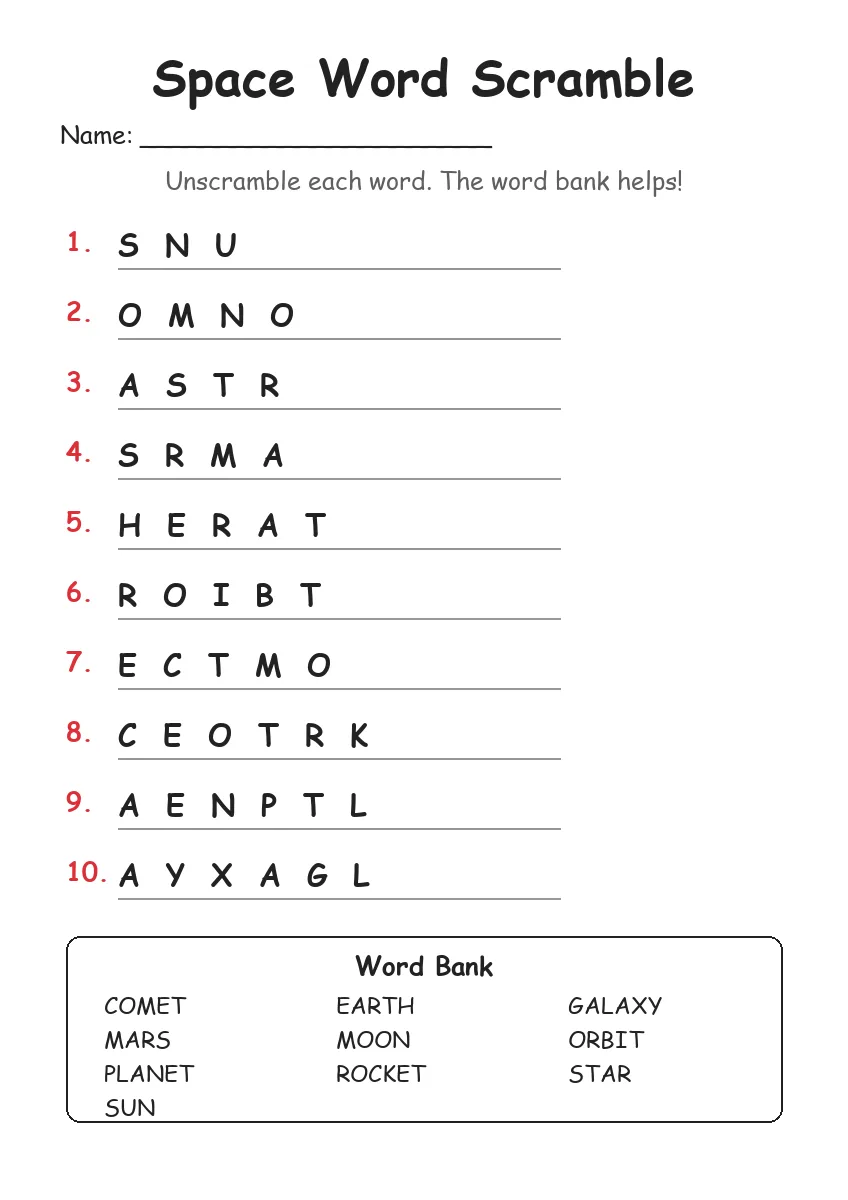 Space Word Scramble (Grade 2)