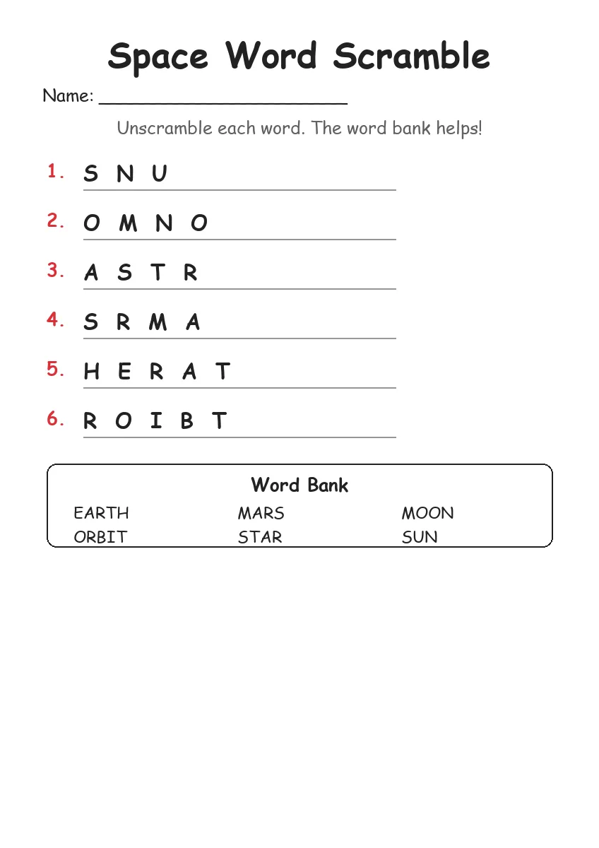 Space word scramble worksheet for Kindergarten