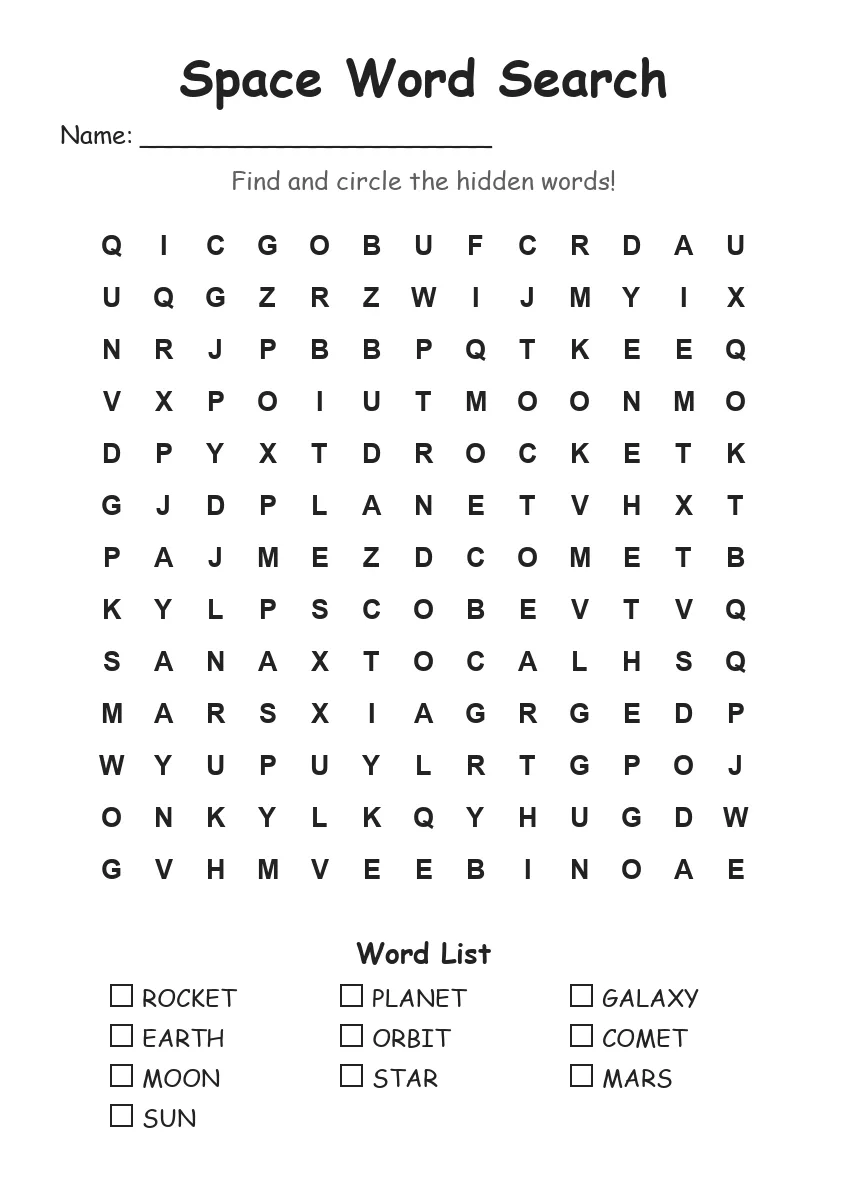 Space word search worksheet for Grade 2