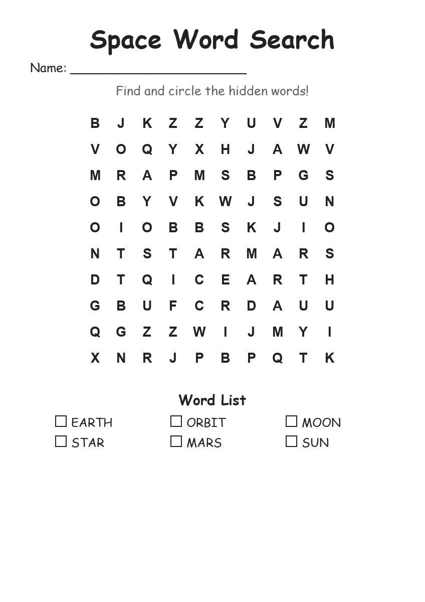 Space word search worksheet for Kindergarten