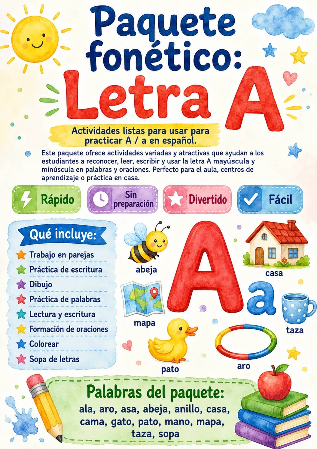Spanish Letter A Phonics Worksheets Pack printable worksheet pack preview from KiwiBee