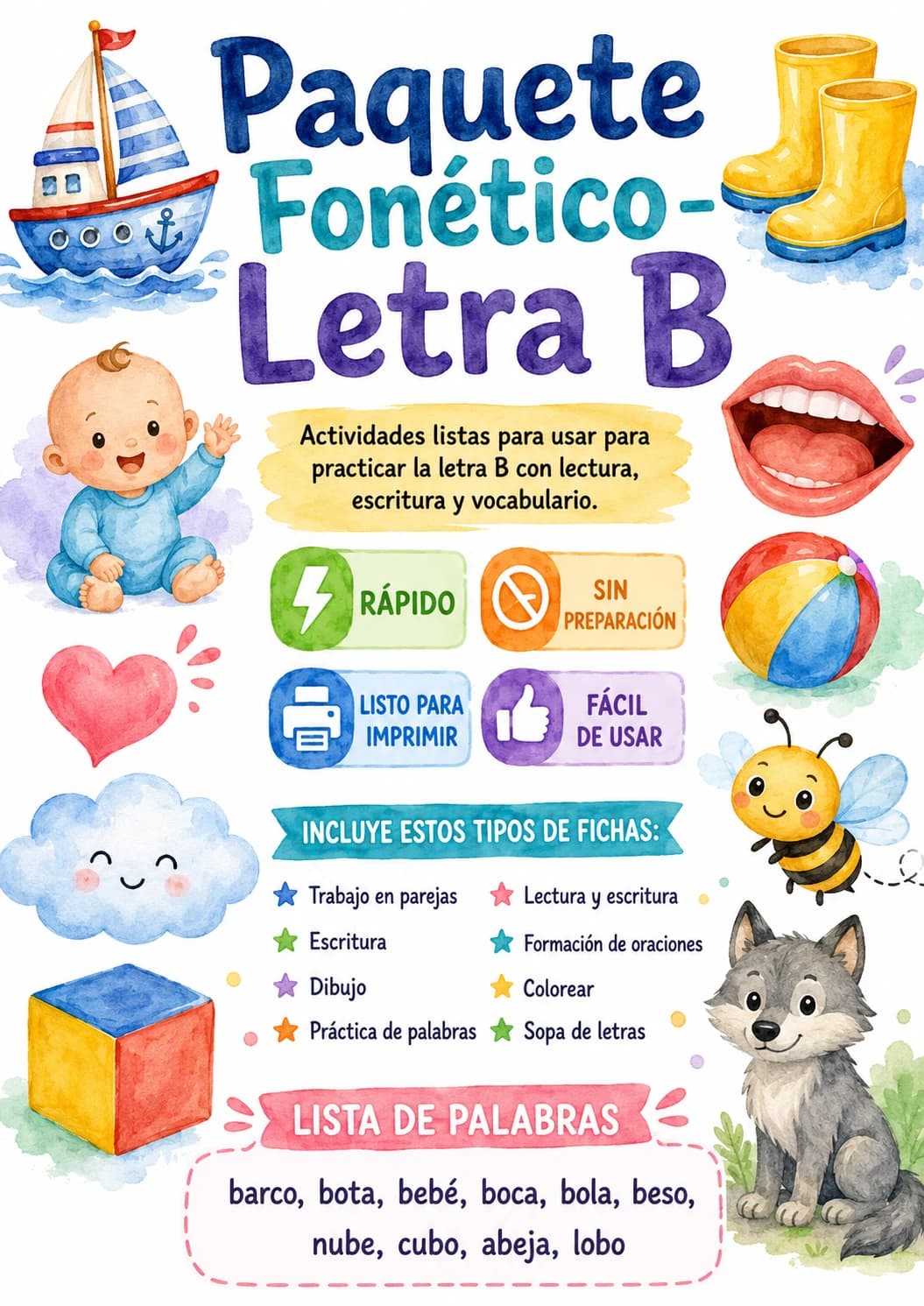 Spanish Letter B Phonics Worksheets Pack page 4 printable worksheet preview