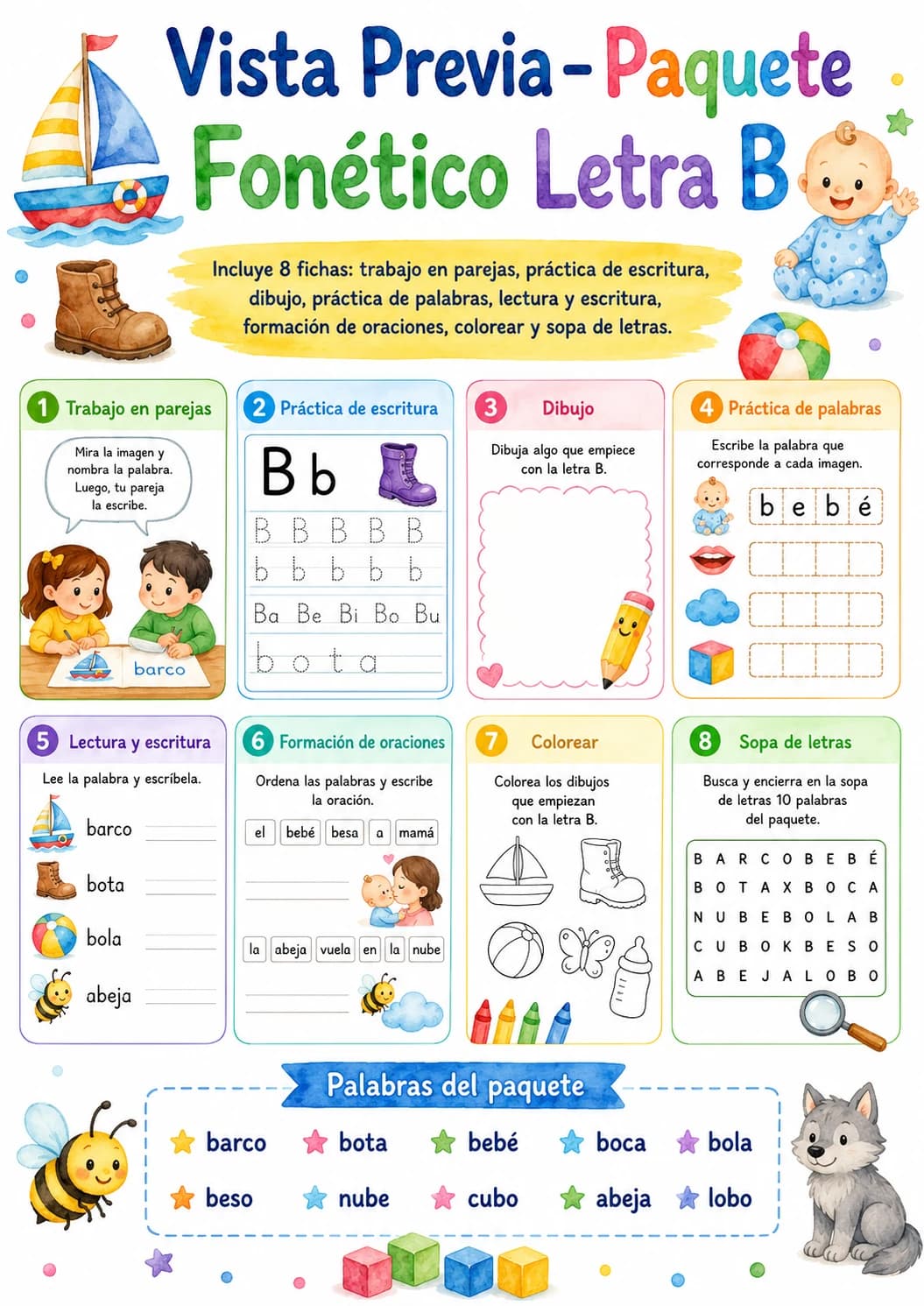 Spanish Letter B Phonics Worksheets Pack page 9 printable worksheet preview