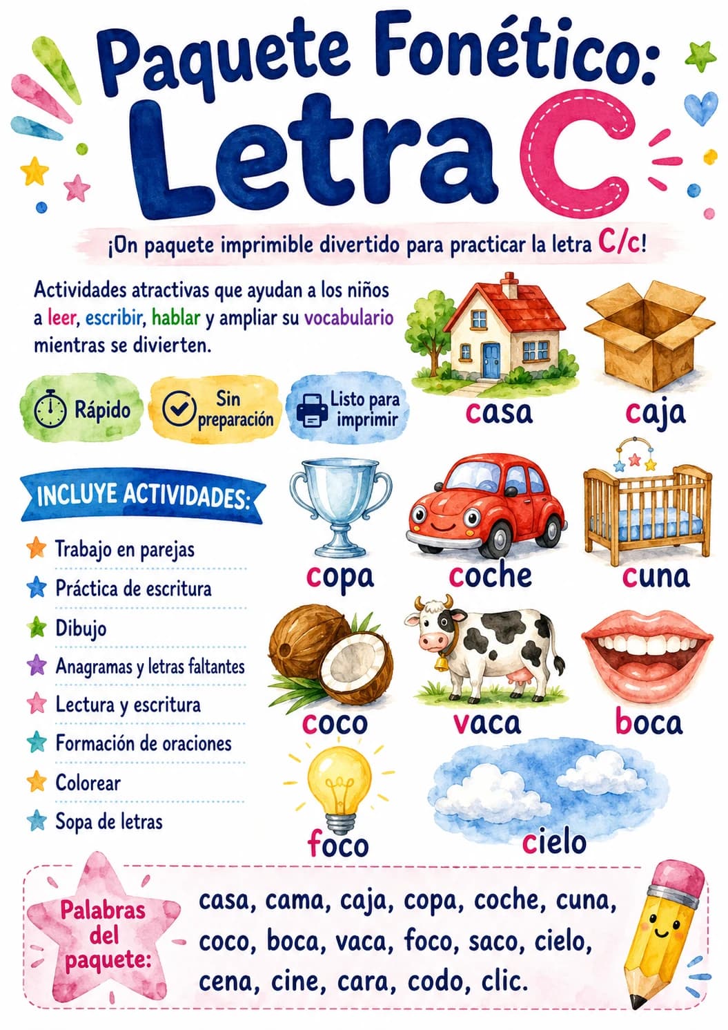 Spanish Letter C Phonics Worksheets Pack page 5 printable worksheet preview