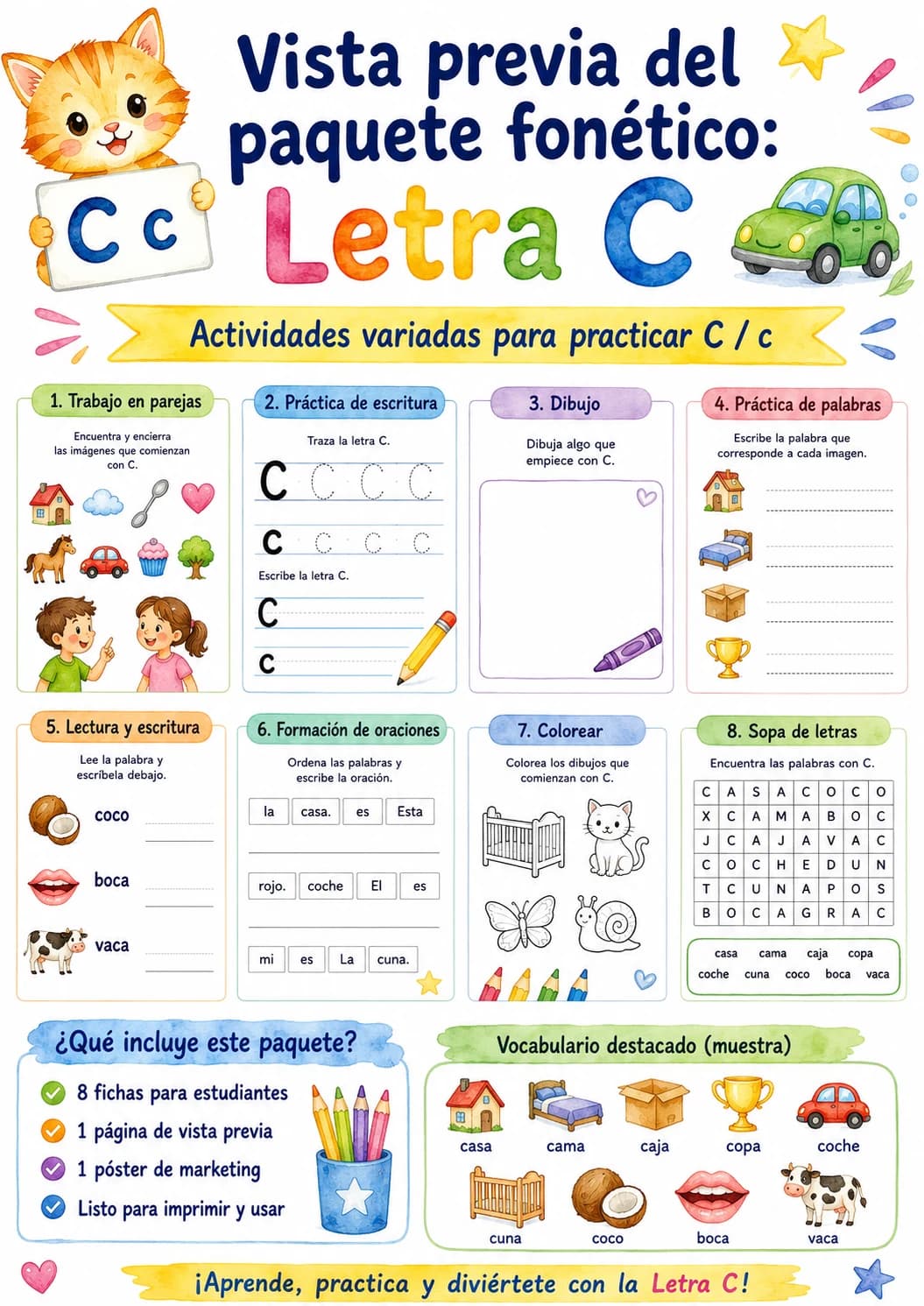 Spanish Letter C Phonics Worksheets Pack page 9 printable worksheet preview
