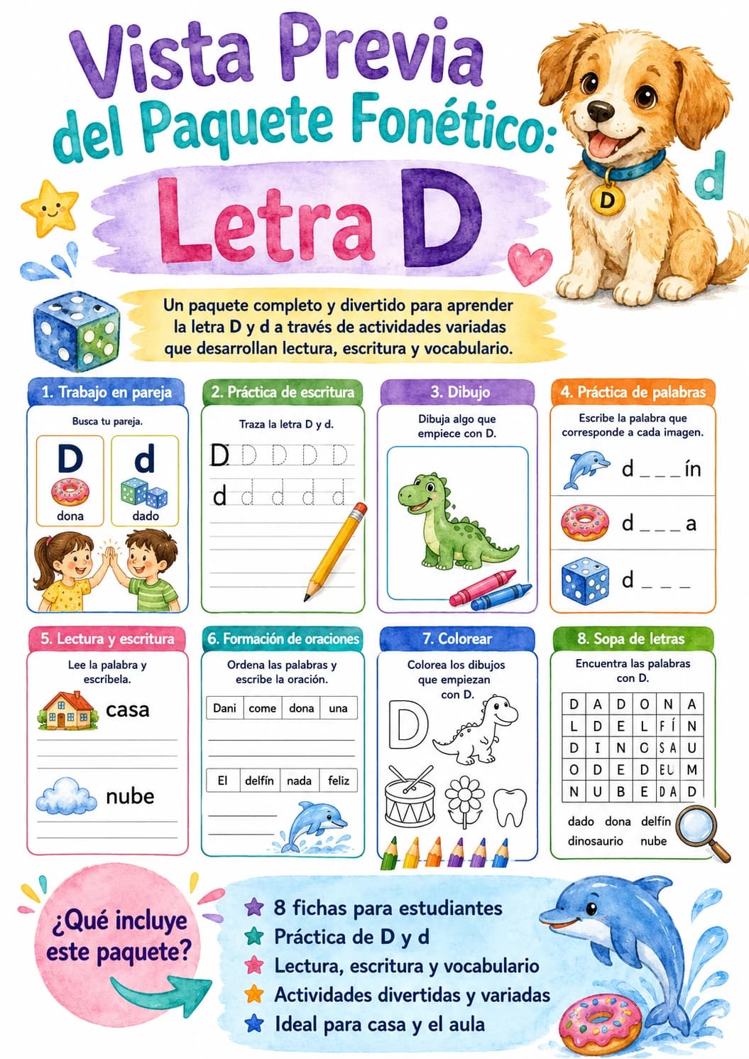 Spanish Letter D Phonics Worksheets Pack page 9 printable worksheet preview