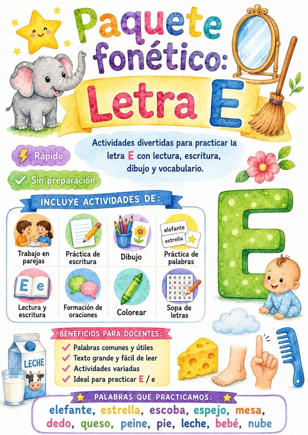 Spanish Letter E Phonics Worksheets Pack page 2 printable worksheet preview