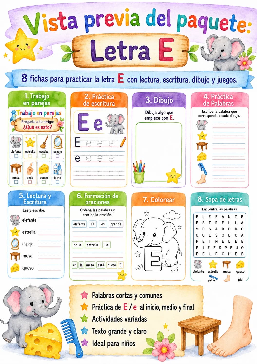 Spanish Letter E Phonics Worksheets Pack page 4 printable worksheet preview