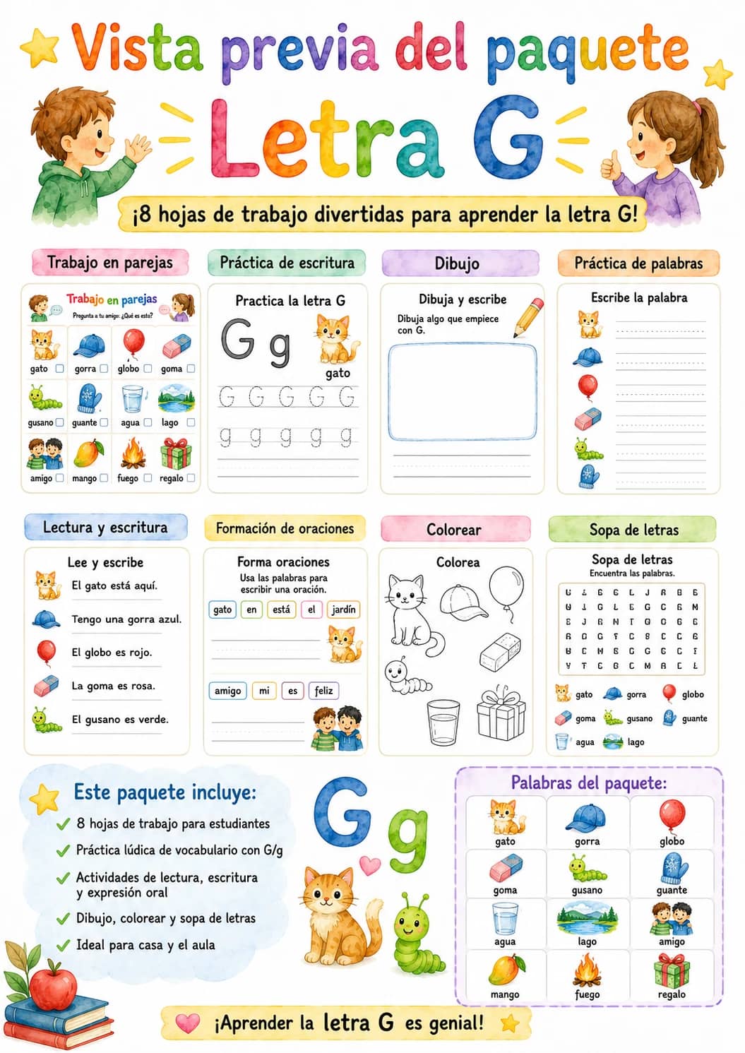 Spanish Letter G Phonics Worksheets Pack printable worksheet pack preview from KiwiBee