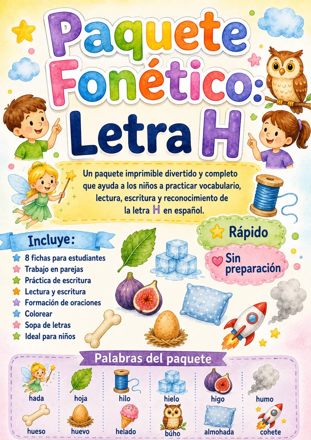 Spanish Letter H Phonics Worksheets Pack printable worksheet pack preview from KiwiBee