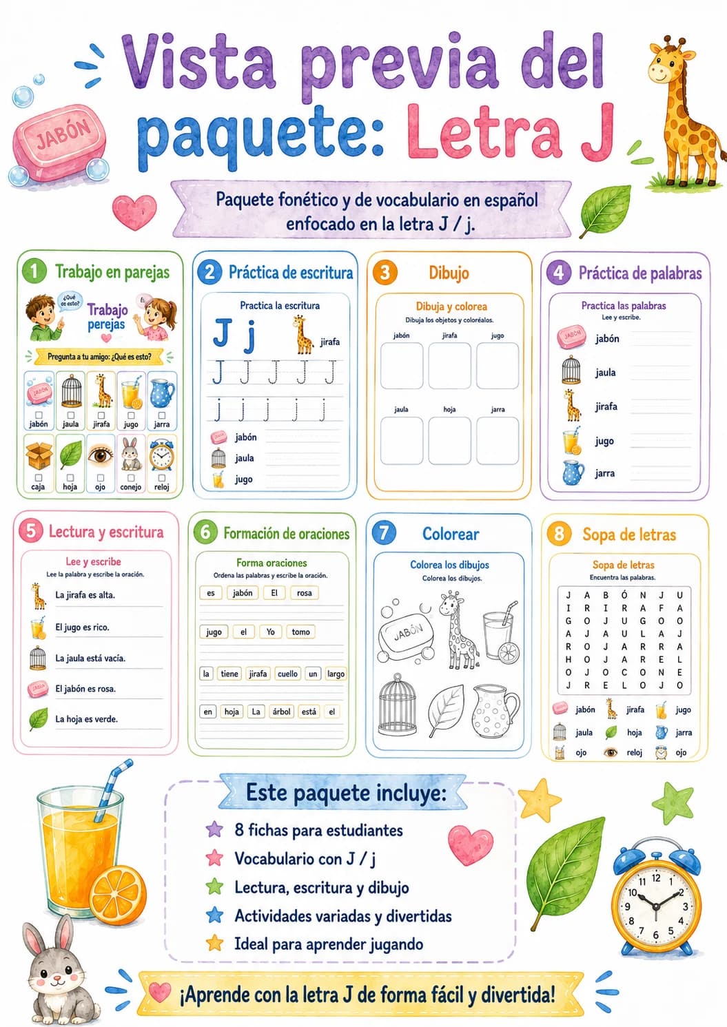 Spanish Letter J Phonics Worksheets Pack page 4 printable worksheet preview