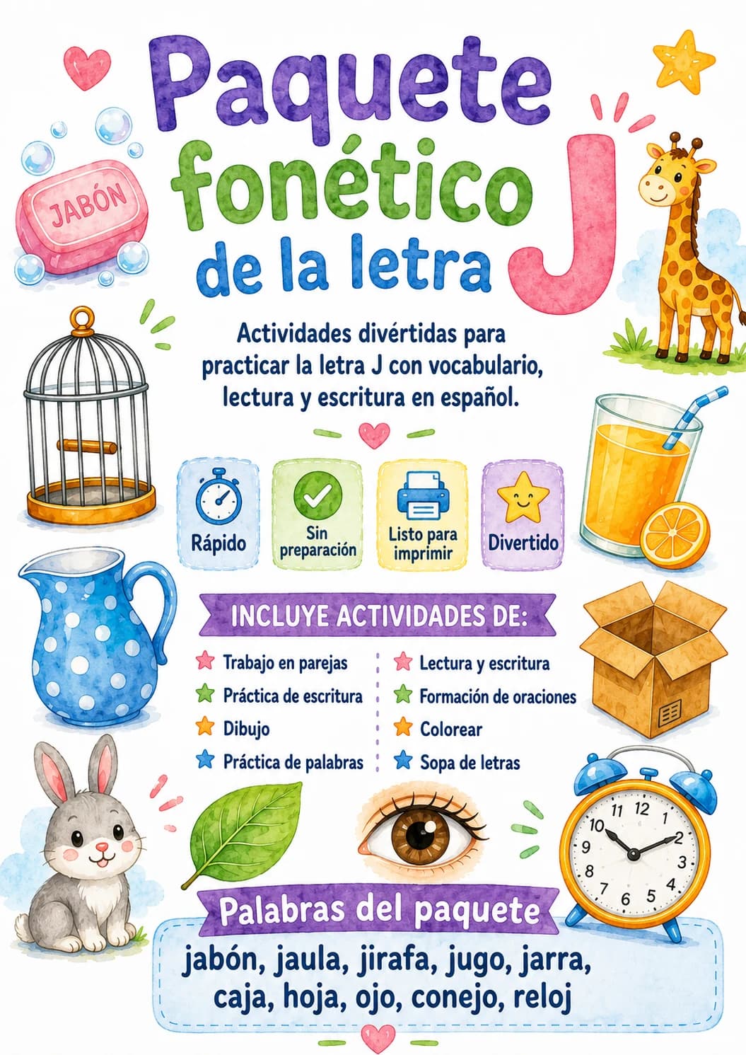 Spanish Letter J Phonics Worksheets Pack page 6 printable worksheet preview