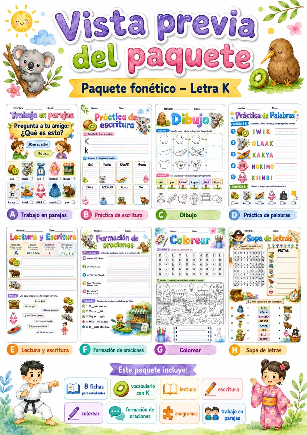 Spanish Letter K Phonics Worksheets Pack printable worksheet pack preview from KiwiBee