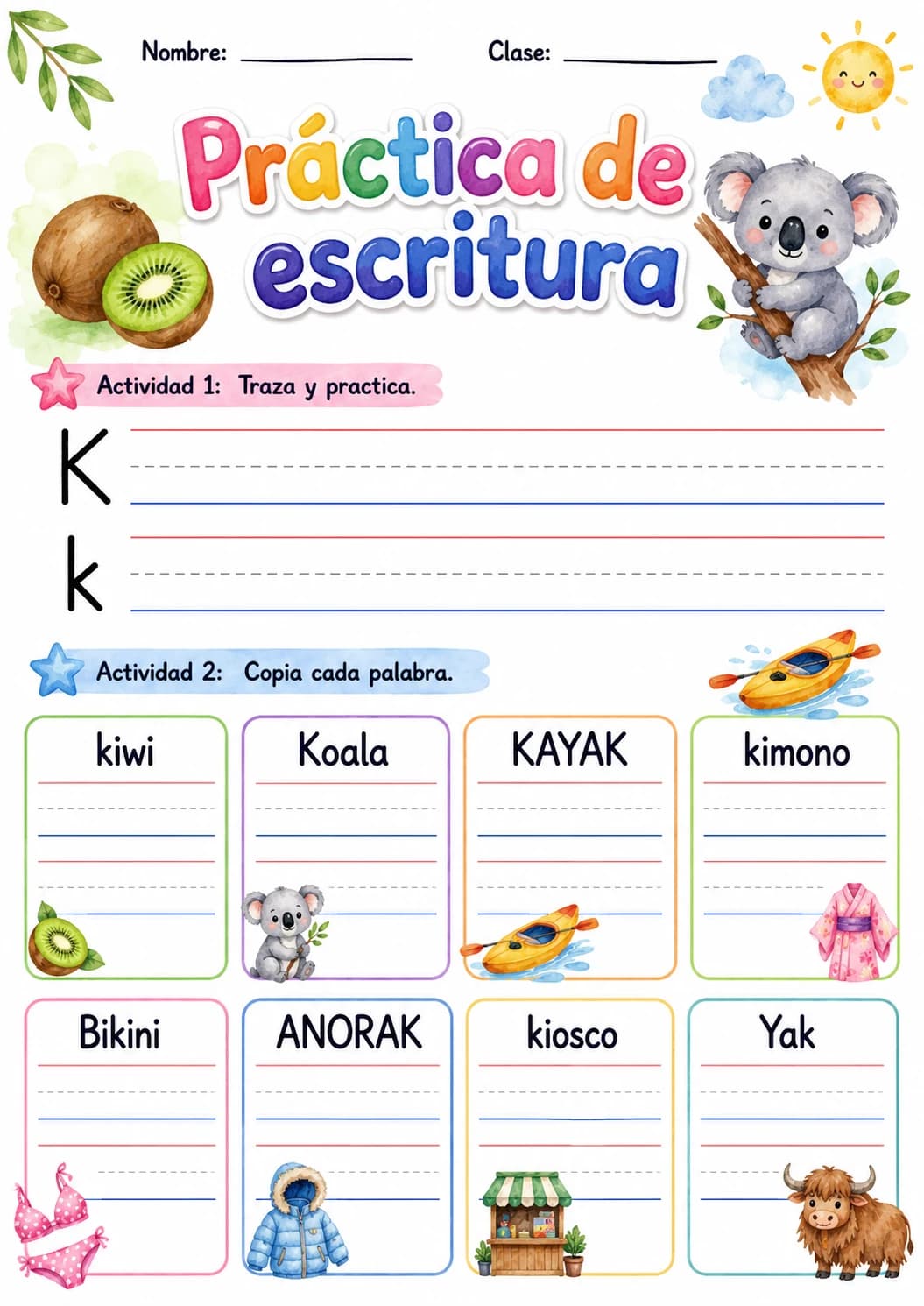 Spanish Letter K Phonics Worksheets Pack page 4 printable worksheet preview