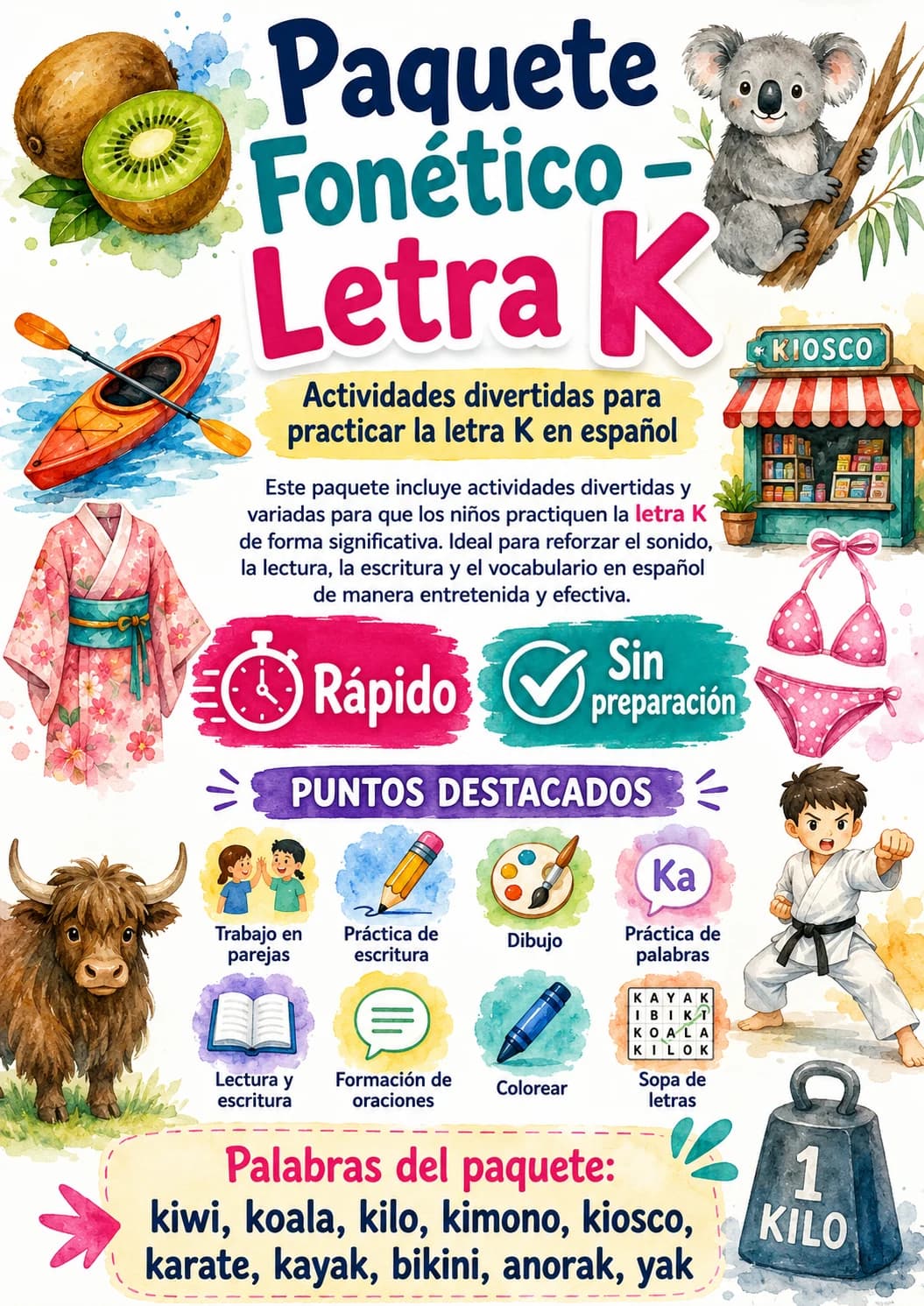 Spanish Letter K Phonics Worksheets Pack page 5 printable worksheet preview