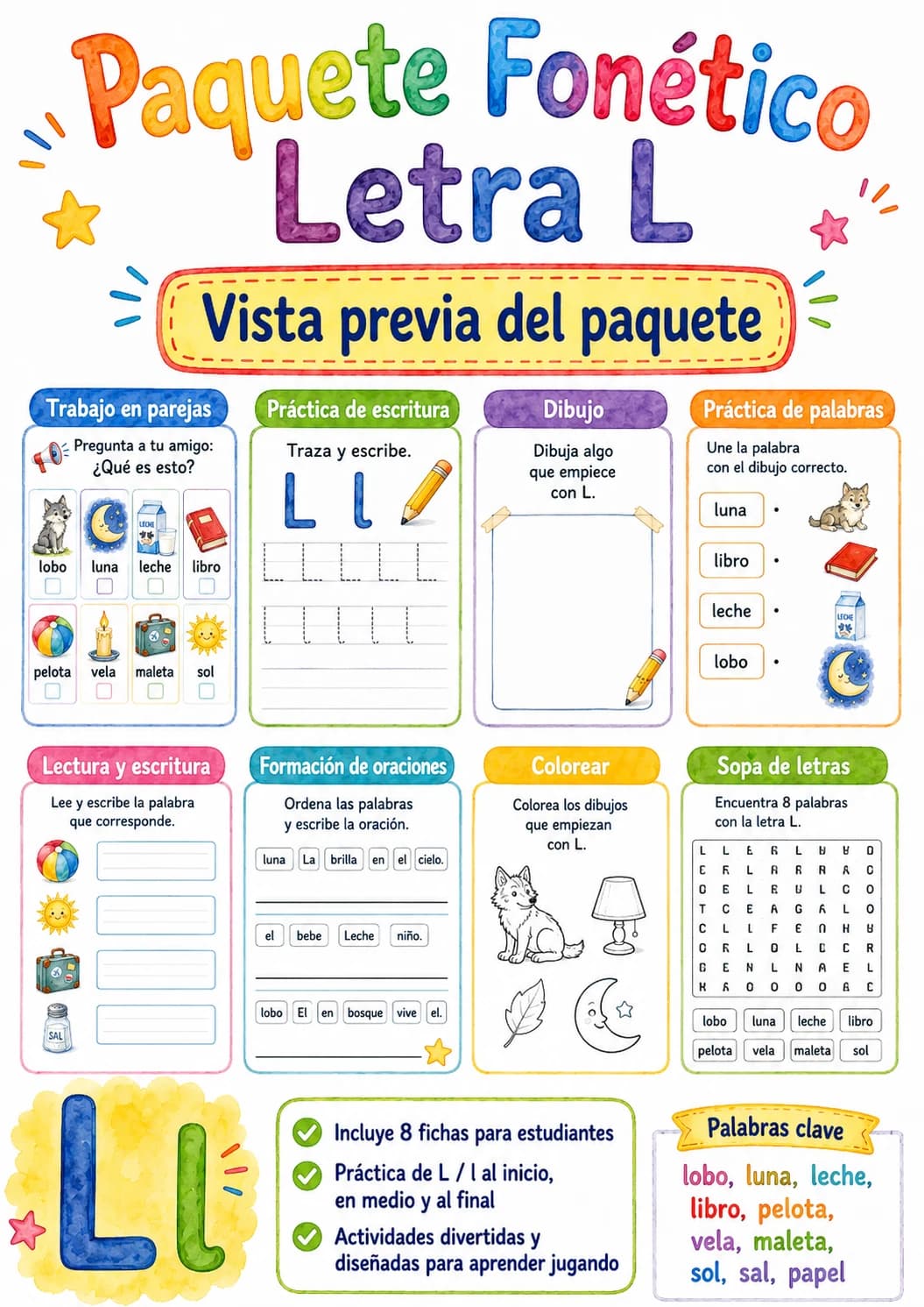 Spanish Letter L Phonics Worksheets Pack page 2 printable worksheet preview