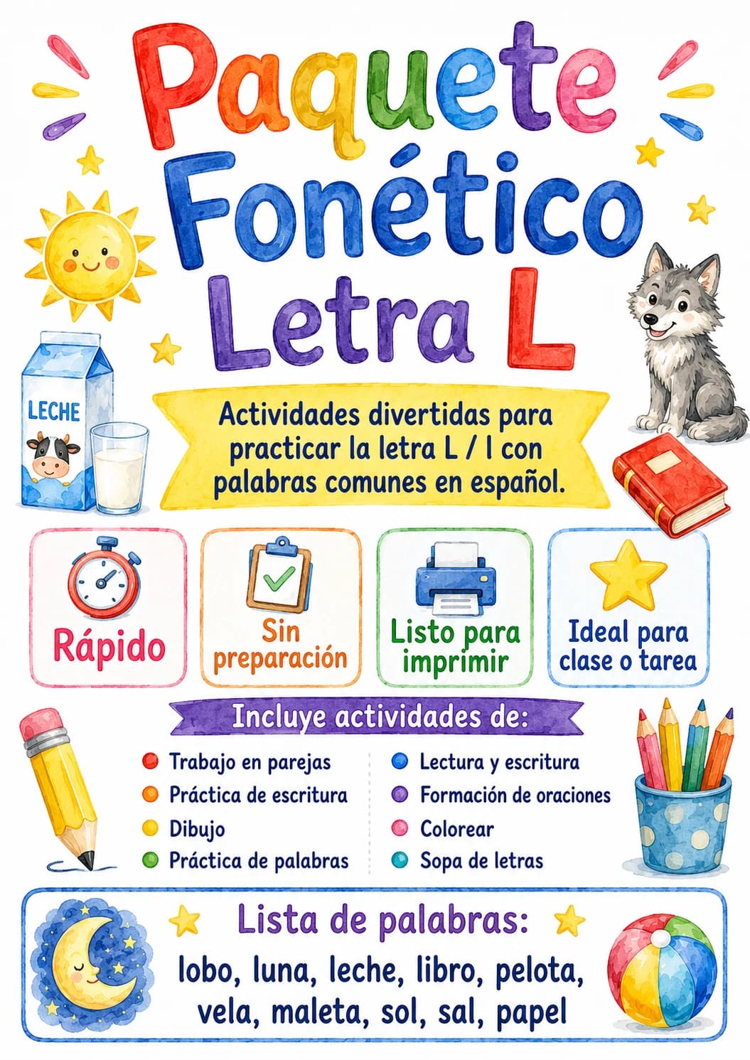 Spanish Letter L Phonics Worksheets Pack page 7 printable worksheet preview