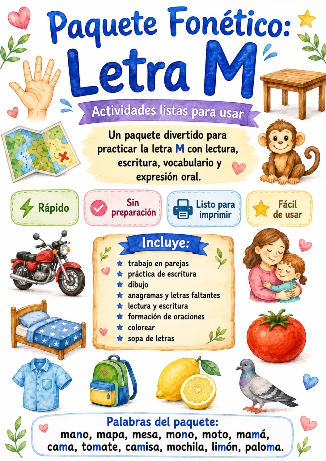 Spanish Letter M Phonics Worksheets Pack page 4 printable worksheet preview