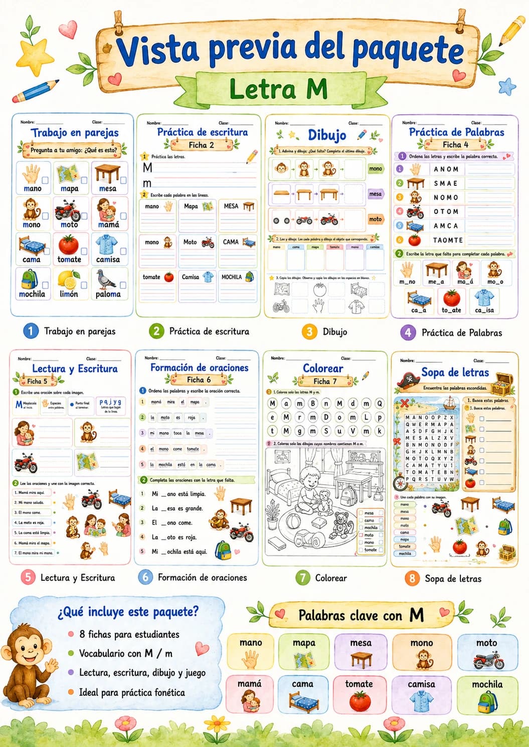 Spanish Letter M Phonics Worksheets Pack page 9 printable worksheet preview