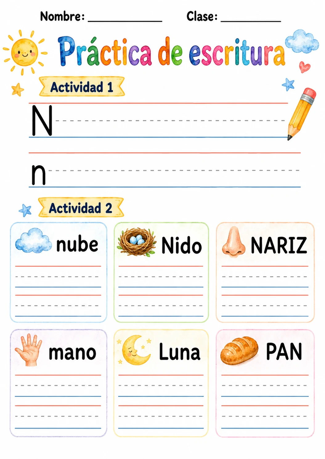 Spanish Letter N Phonics Worksheets Pack page 2 printable worksheet preview