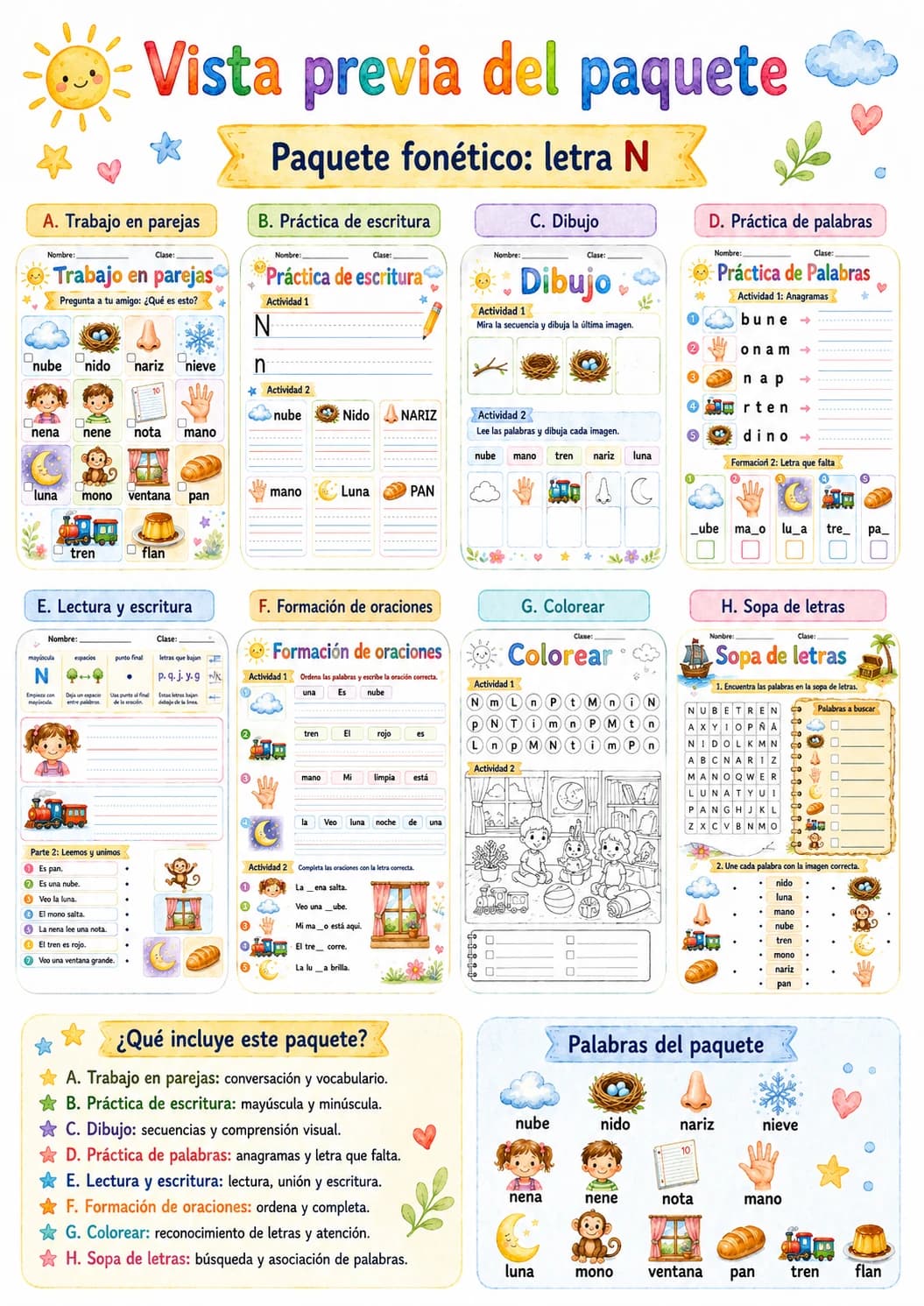 Spanish Letter N Phonics Worksheets Pack page 4 printable worksheet preview