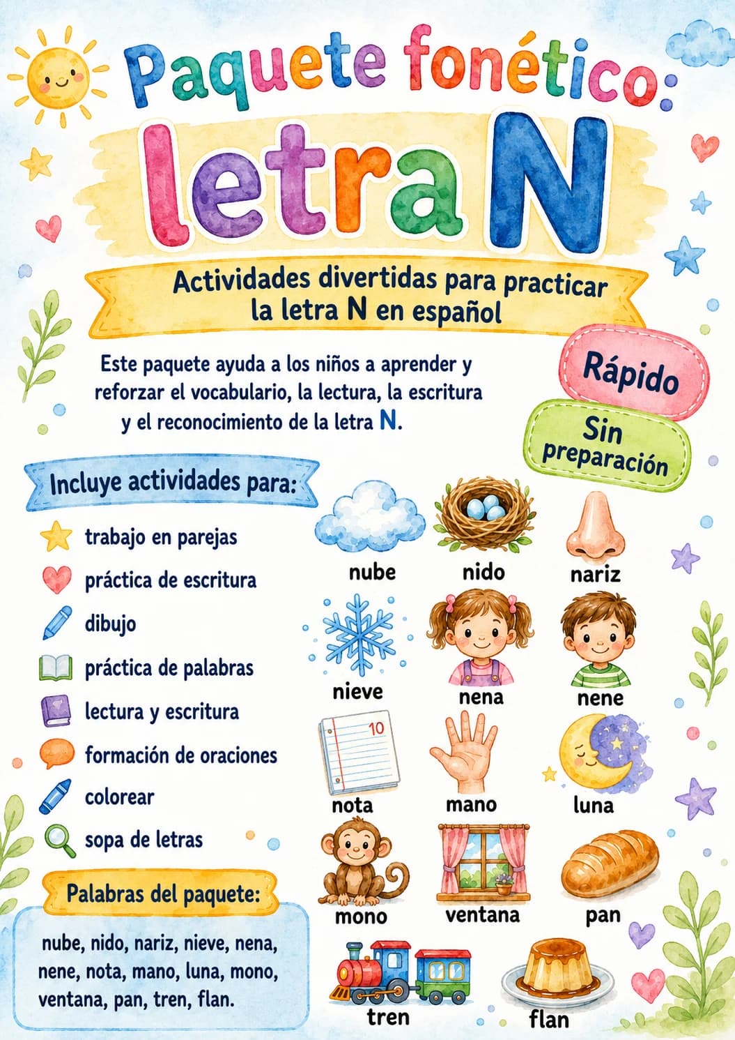 Spanish Letter N Phonics Worksheets Pack page 9 printable worksheet preview