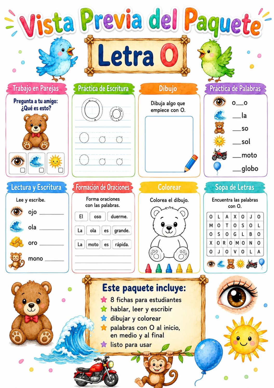 Spanish Letter O Phonics Worksheets Pack page 2 printable worksheet preview