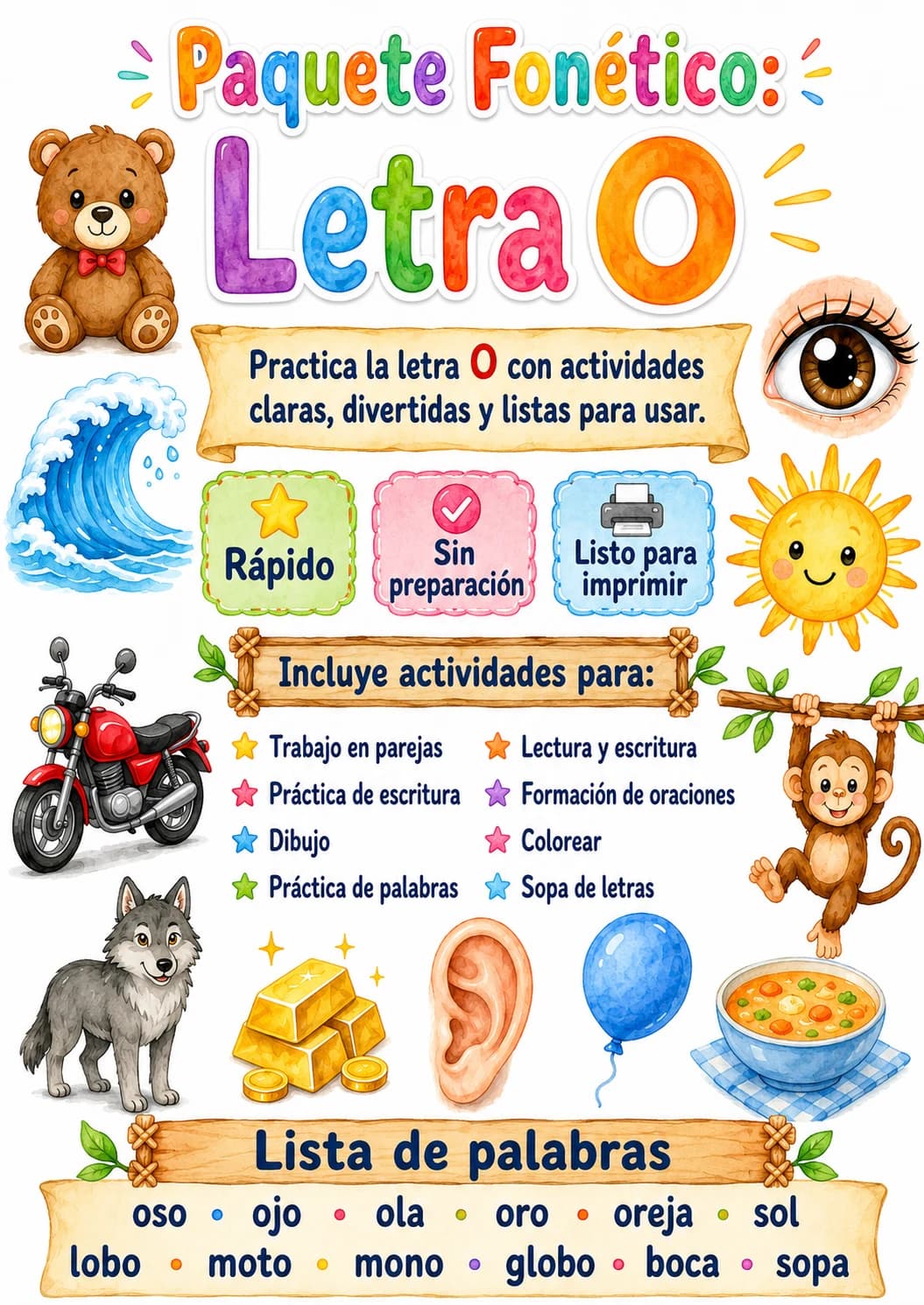 Spanish Letter O Phonics Worksheets Pack page 8 printable worksheet preview