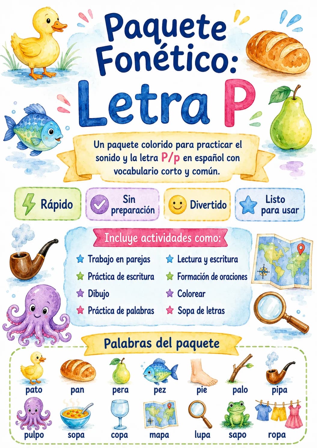 Spanish Letter P Phonics Worksheets Pack page 2 printable worksheet preview