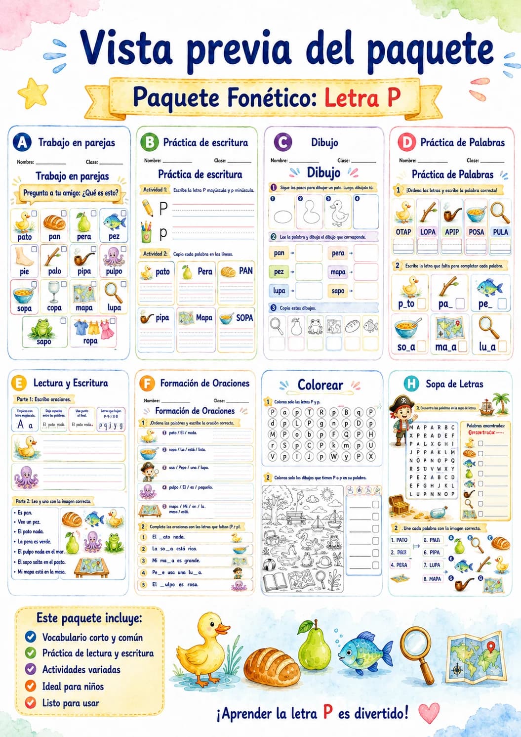 Spanish Letter P Phonics Worksheets Pack page 9 printable worksheet preview