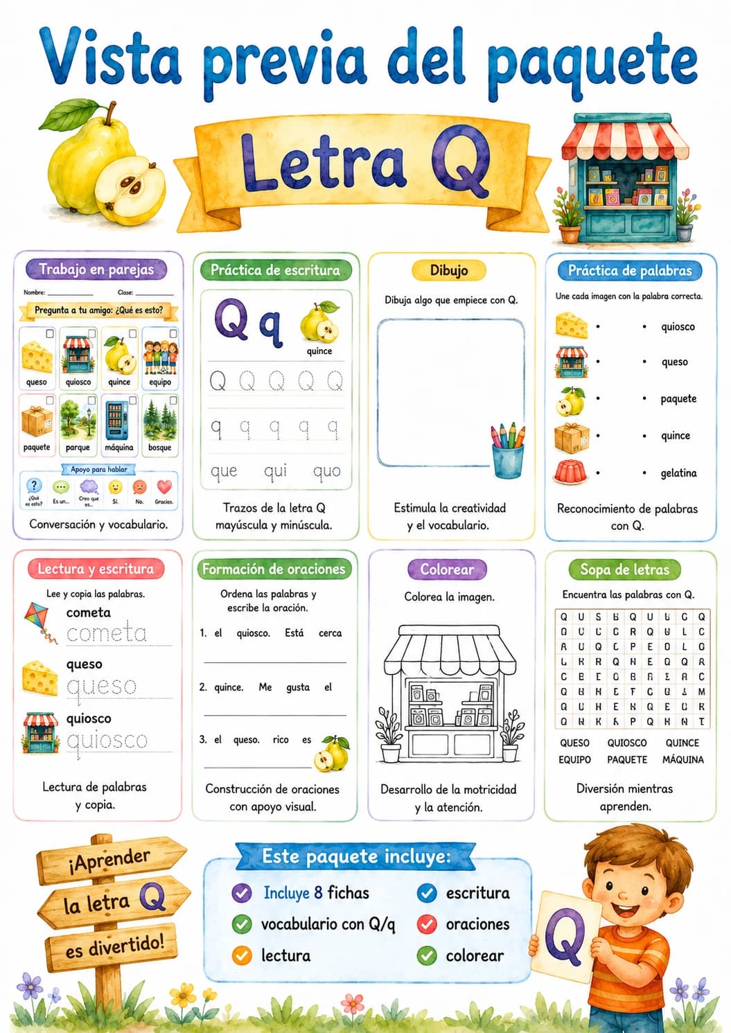 Spanish Letter Q Phonics Worksheets Pack page 5 printable worksheet preview
