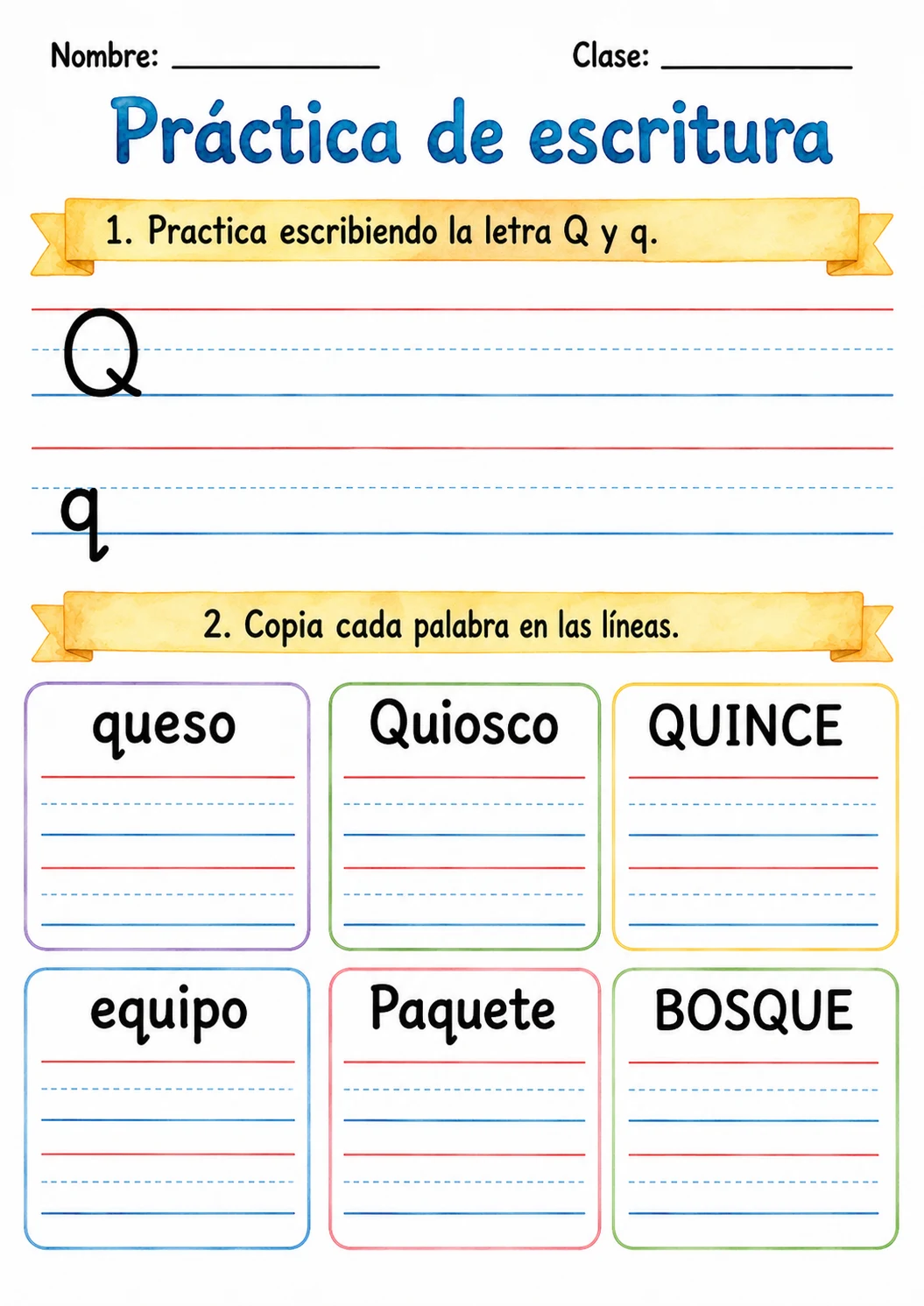 Spanish Letter Q Phonics Worksheets Pack page 6 printable worksheet preview
