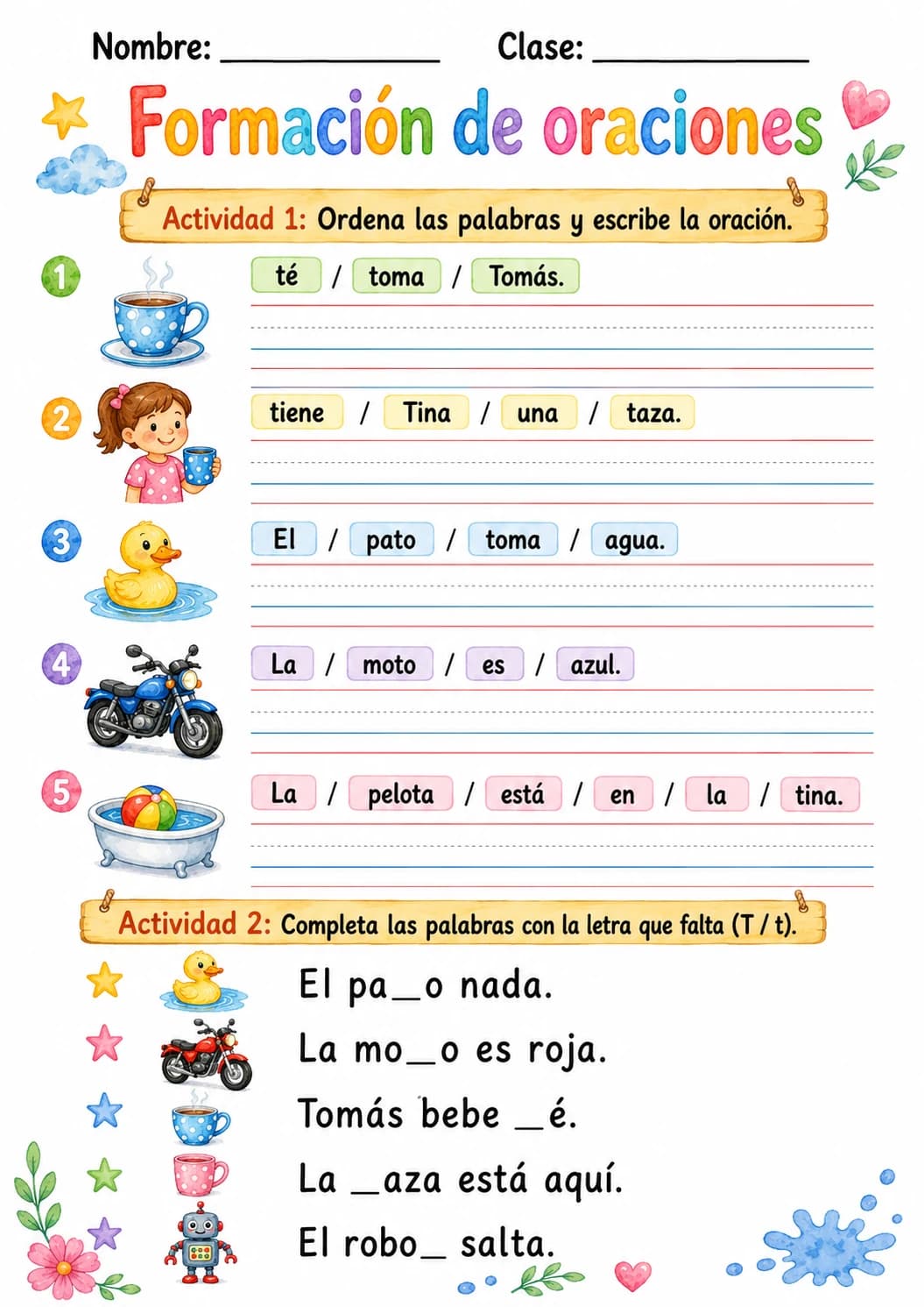 Spanish Letter T Phonics Worksheets Pack page 2 printable worksheet preview