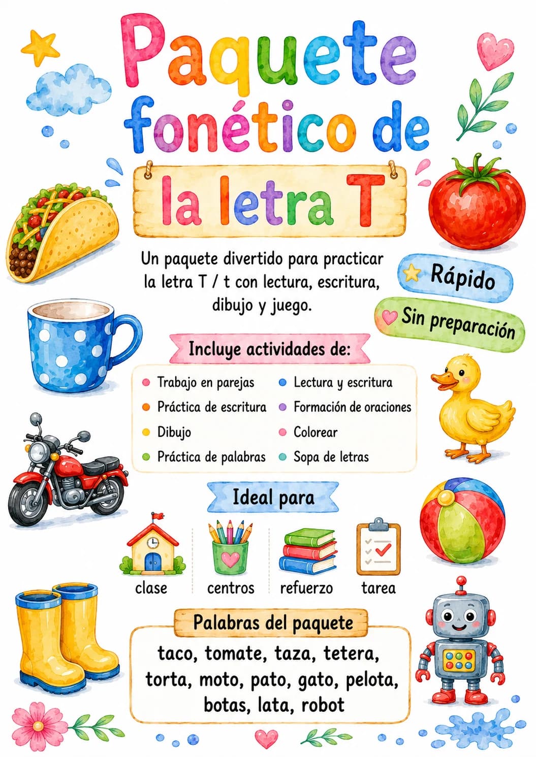 Spanish Letter T Phonics Worksheets Pack page 4 printable worksheet preview