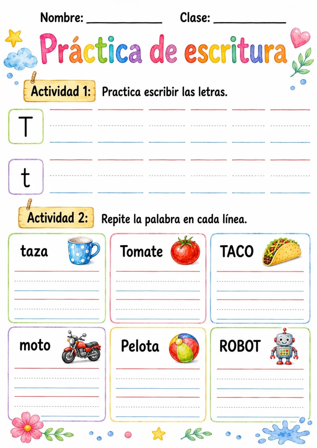 Spanish Letter T Phonics Worksheets Pack page 5 printable worksheet preview
