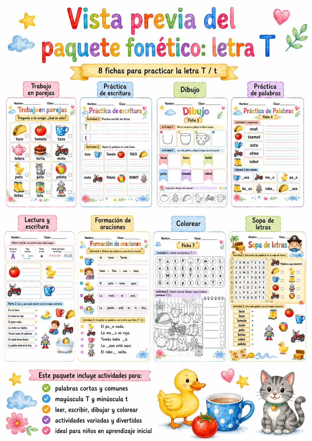 Spanish Letter T Phonics Worksheets Pack page 9 printable worksheet preview